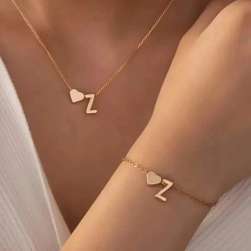 2-Piece Set: Metal Heart And English Letter Necklace And Bracelet Necklaces Z - DailySale