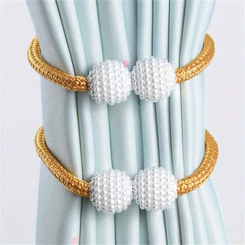 2-Pieces: Magnetic Curtain Tiebacks with Faux Pearls Furniture & Decor Gold - DailySale