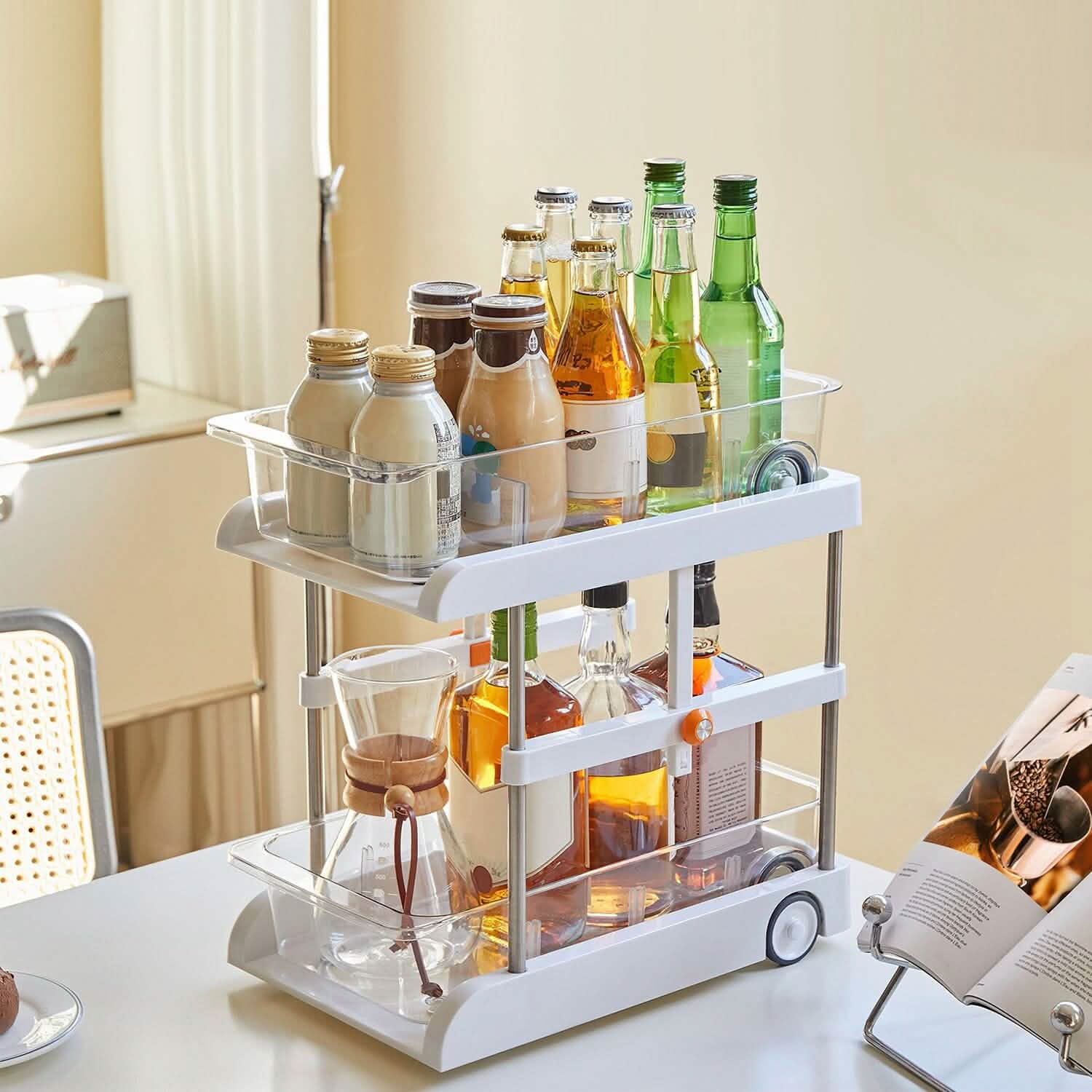 2-Tier Height Adjustable Under Sink Organizer with Flexible Wheels 2 Clear Trays Kitchen Storage - DailySale