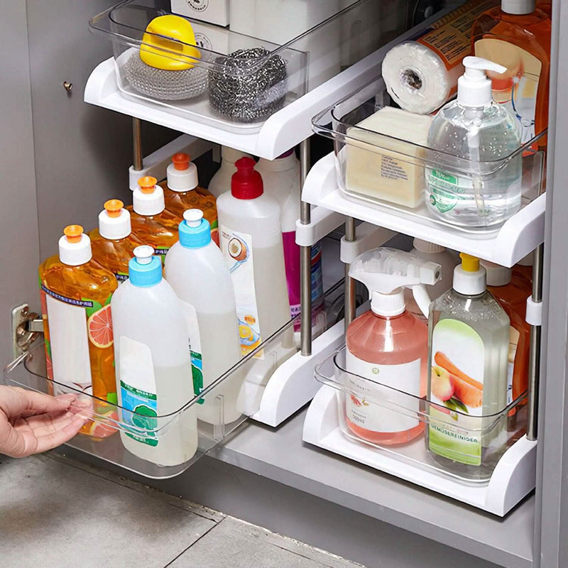 2-Tier Height Adjustable Under Sink Organizer with Flexible Wheels 2 Clear Trays Kitchen Storage - DailySale