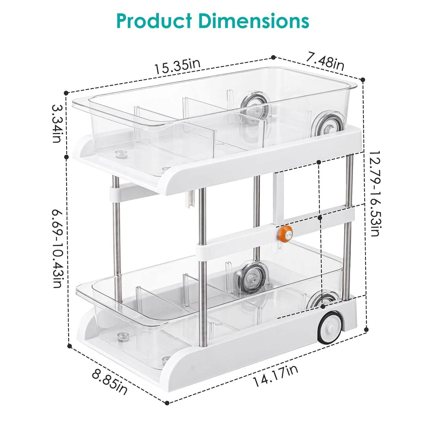 2-Tier Height Adjustable Under Sink Organizer with Flexible Wheels 2 Clear Trays Kitchen Storage - DailySale