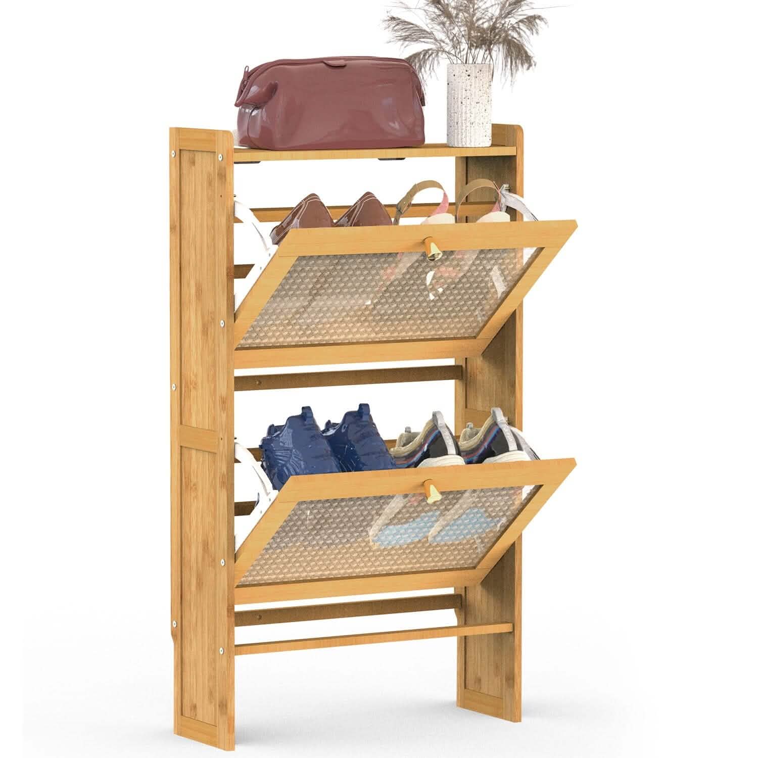 2-Tier Shoe Cabinet with 2 Flip Drawers Slim Bamboo Rack Narrow Shoe Organizer Closet & Storage 50cm - DailySale
