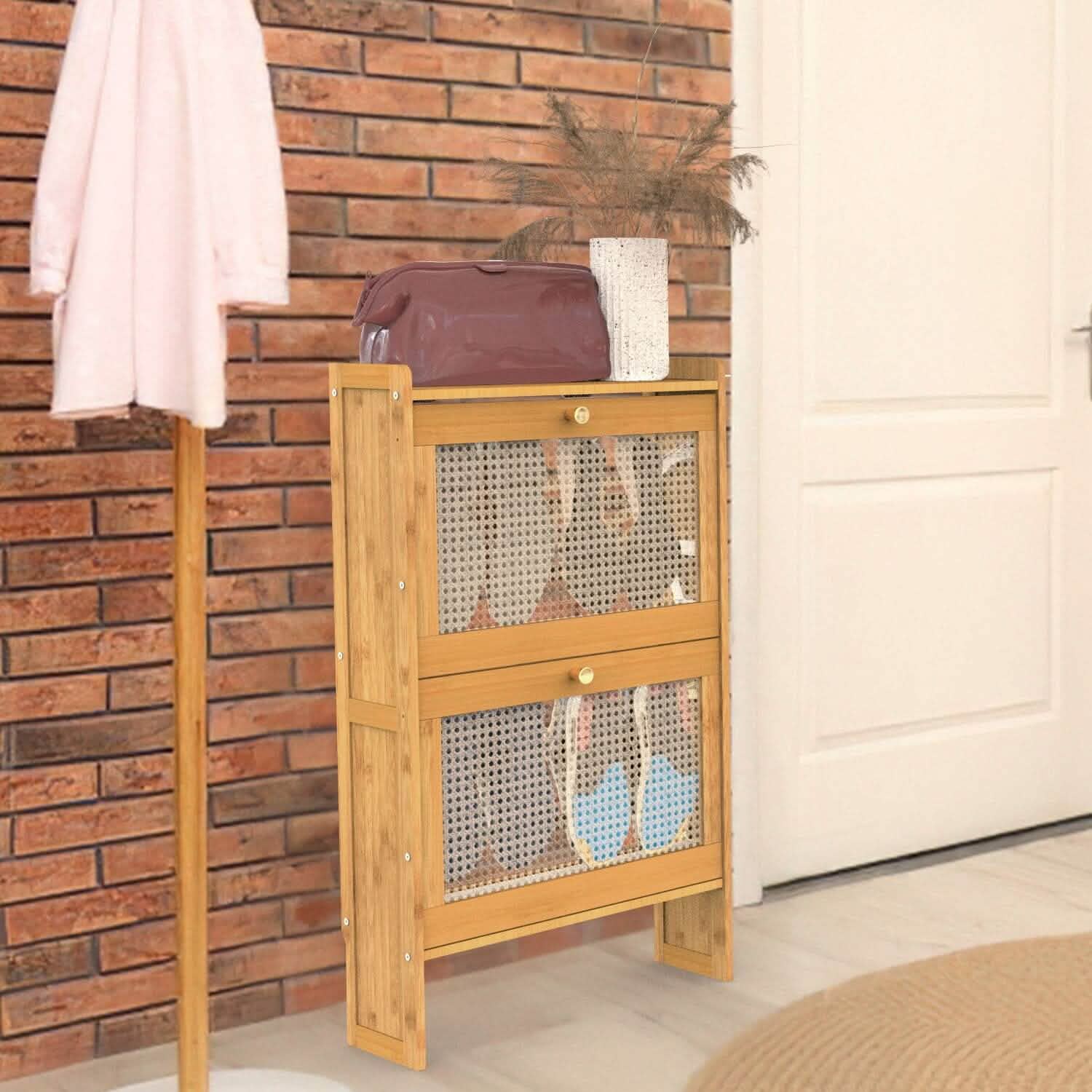 2-Tier Shoe Cabinet with 2 Flip Drawers Slim Bamboo Rack Narrow Shoe Organizer Closet & Storage - DailySale