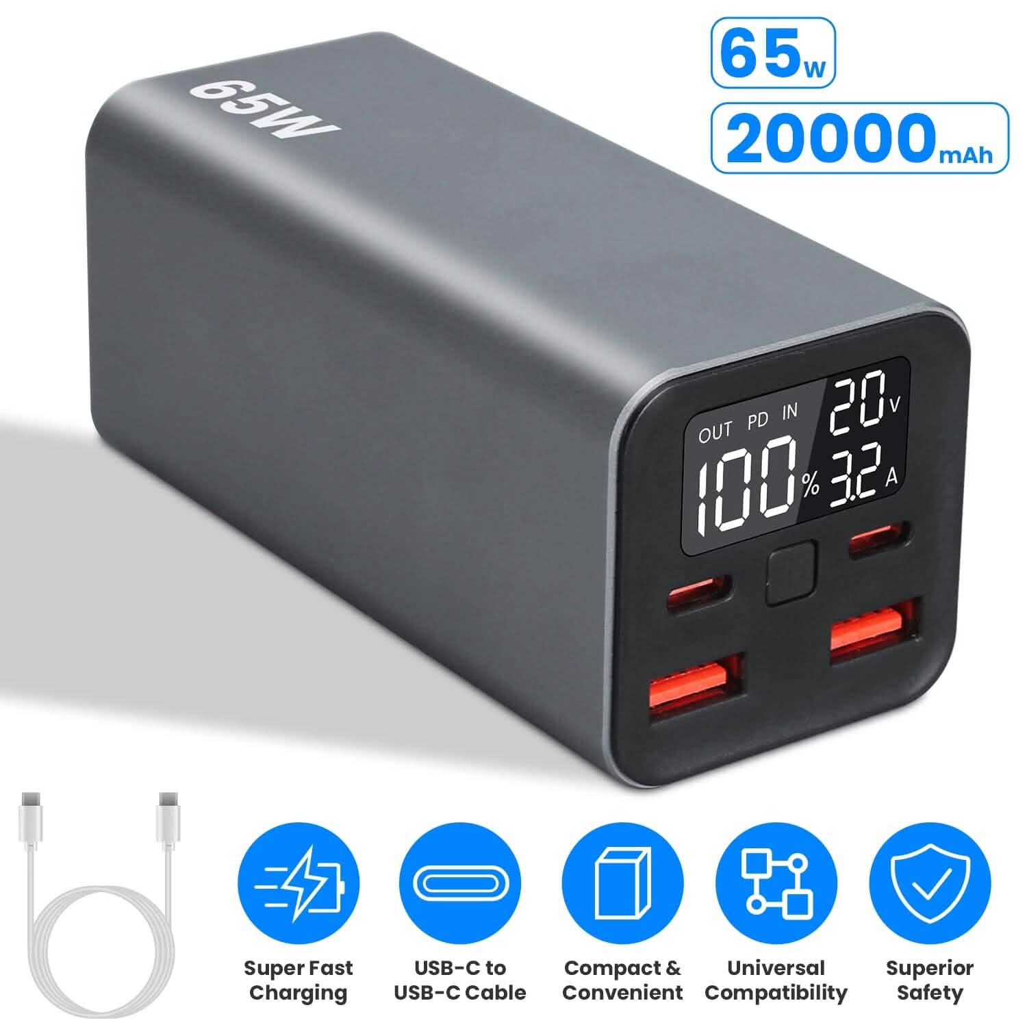 20000mah 65W USB-C PD Laptop Power Bank Fast Charging Mobile Accessories - DailySale