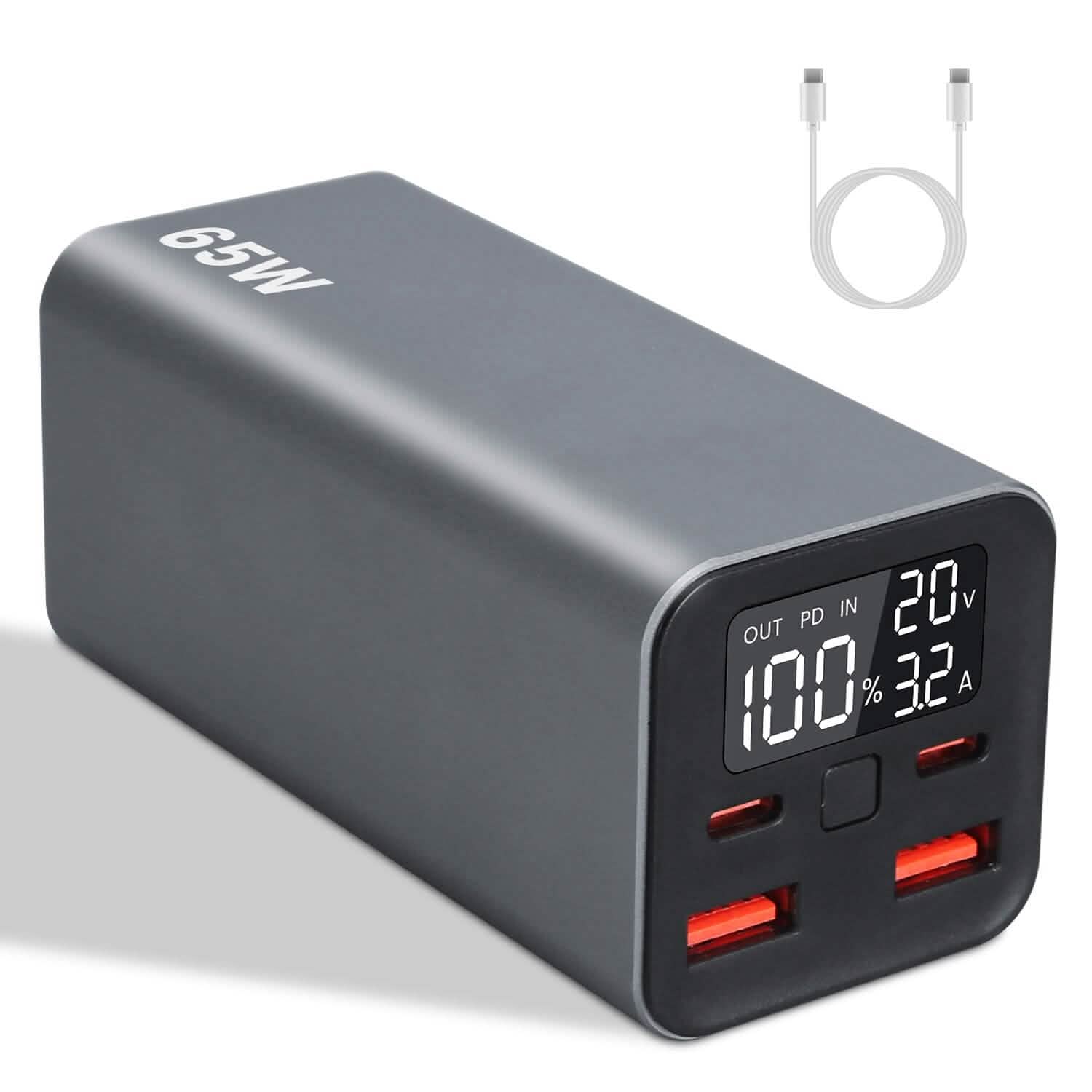 20000mah 65W USB-C PD Laptop Power Bank Fast Charging Mobile Accessories Gray - DailySale