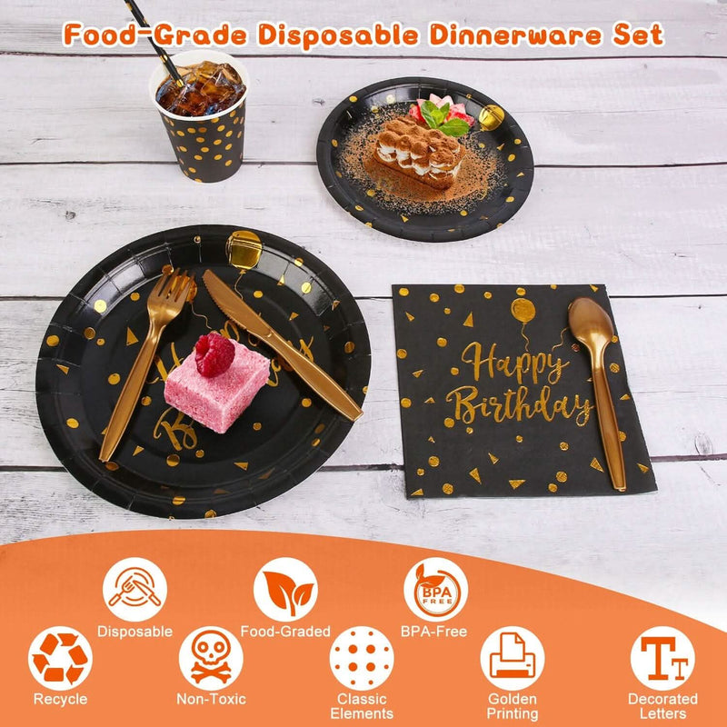 201 Pieces: Black Gold Disposable Dinnerware Set Wine & Dining - DailySale
