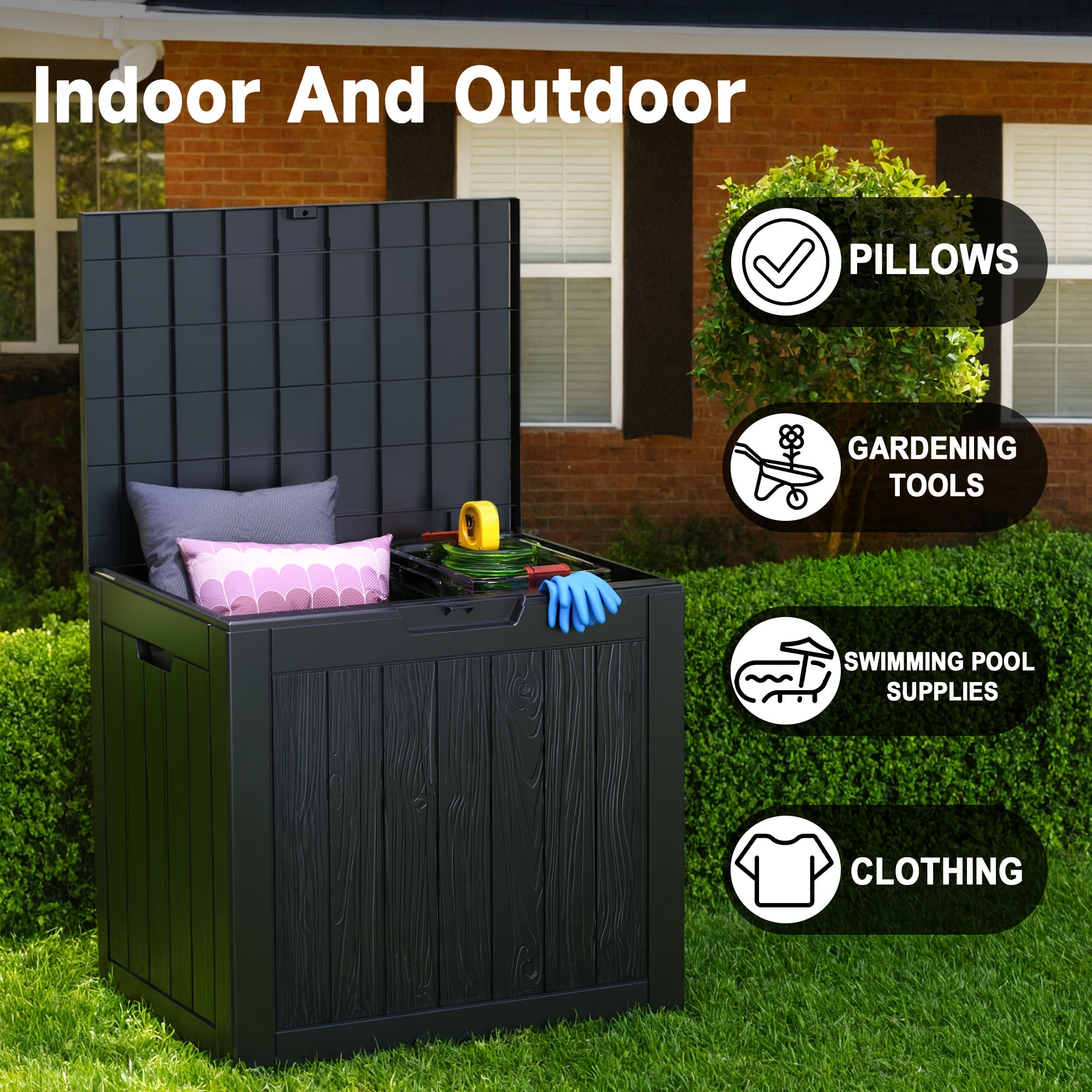 35 Gallon Outdoor Resin Storage Box – Black/Wood Grain