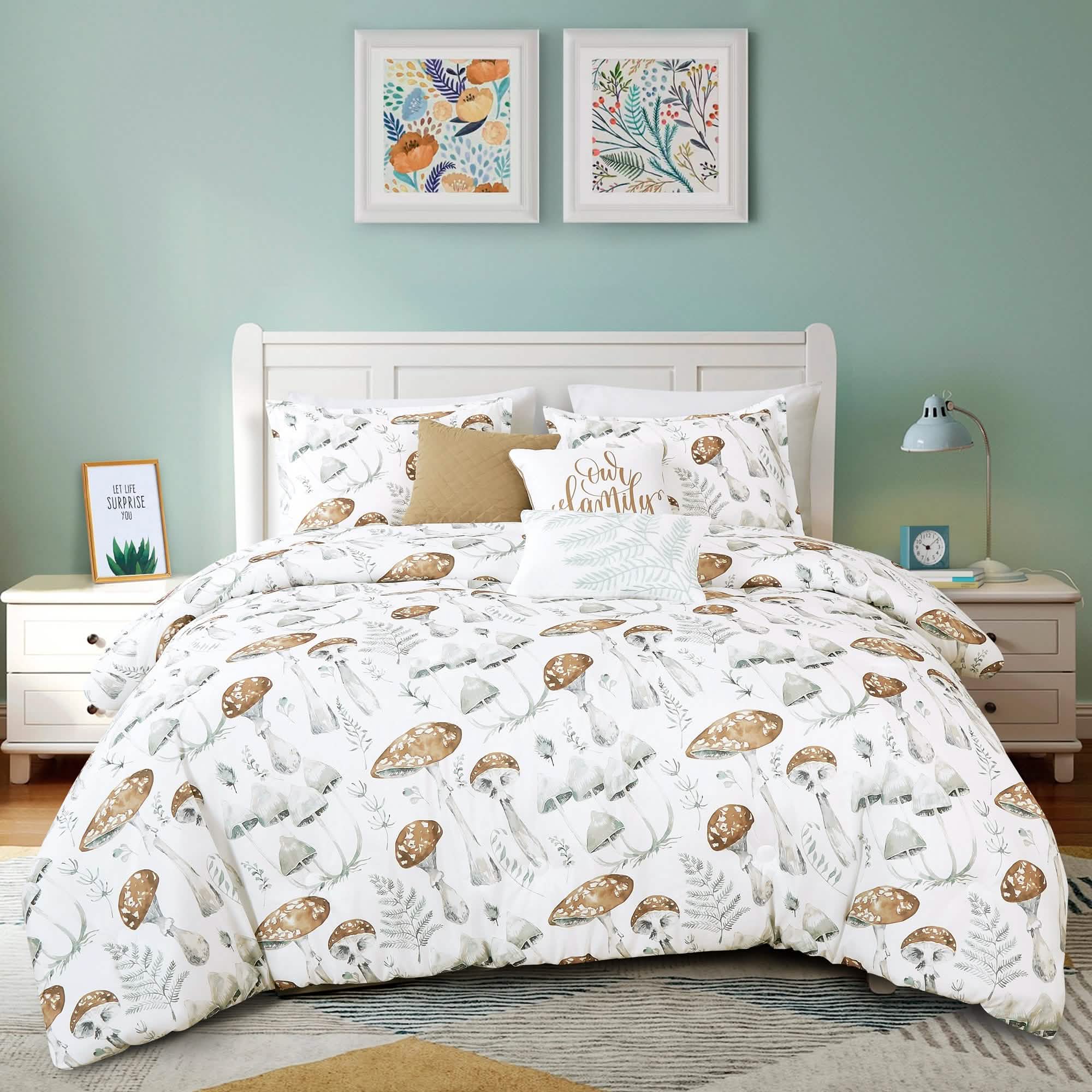 Closeout - 6 Piece Brown Mushroom Print Comforter Set Queen King Size