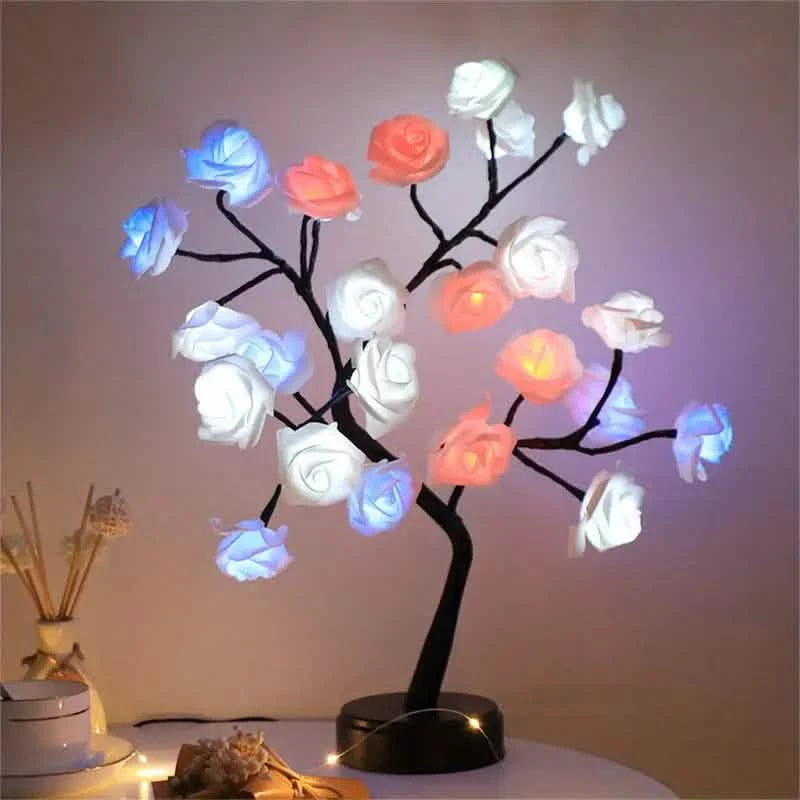 24 LED RGB 16 Colors Rose Tree Night Light Battery And USB Plug Operated Rose Flower Fairy Lights Remote Control Furniture & Decor - DailySale