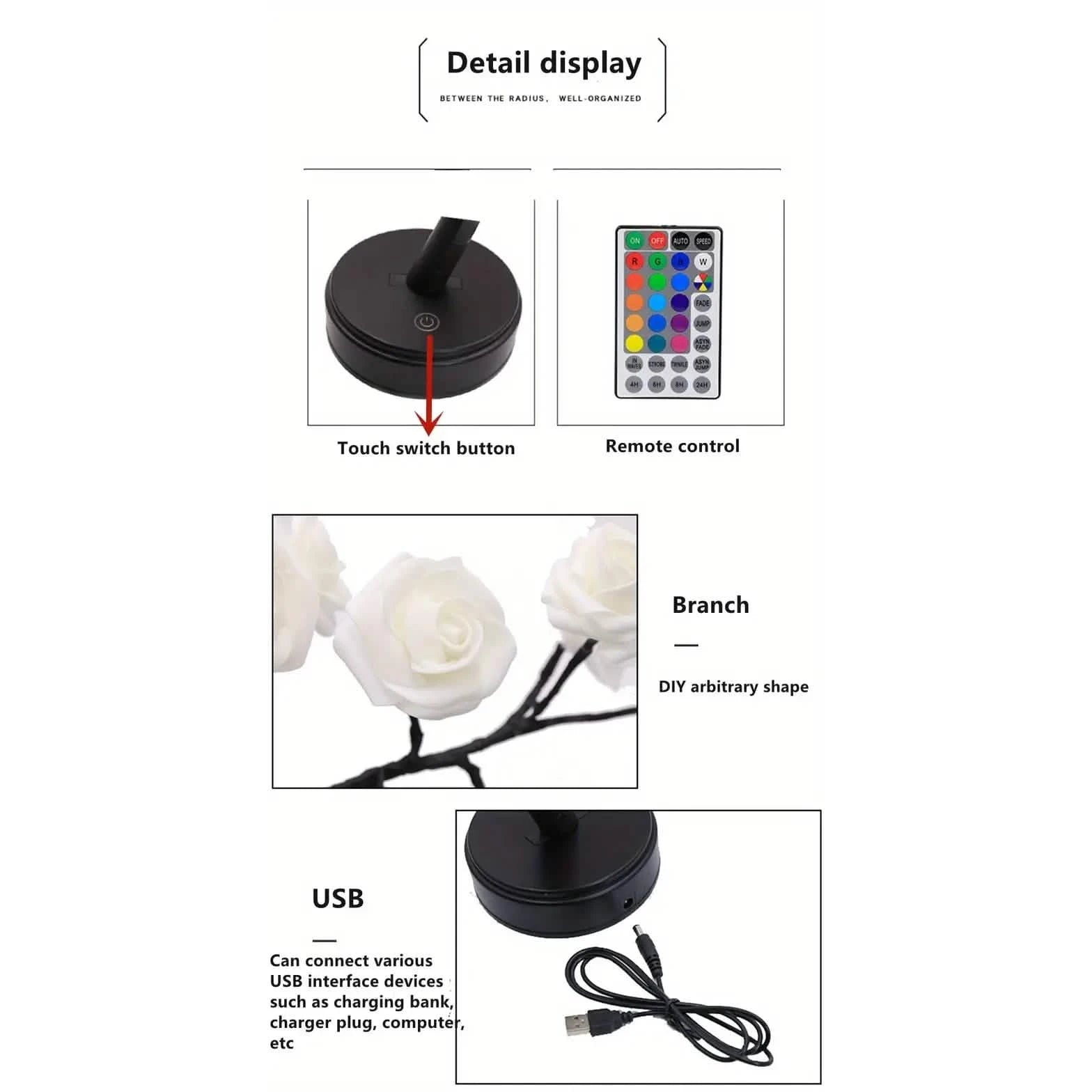 24 LED RGB 16 Colors Rose Tree Night Light Battery And USB Plug Operated Rose Flower Fairy Lights Remote Control Furniture & Decor - DailySale