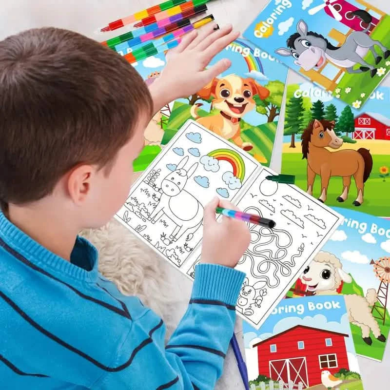 24-Pieces: Mini Coloring Books with 24 Stacking Crayons, Farm Themed Party Favors Arts & Crafts - DailySale