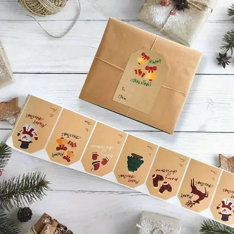 250 Pieces/Roll Christmas Stickers - 2x3 Kraft Paper Tree Socks Snowman Elk Merry Christmas Holiday Decor & Apparel - DailySale