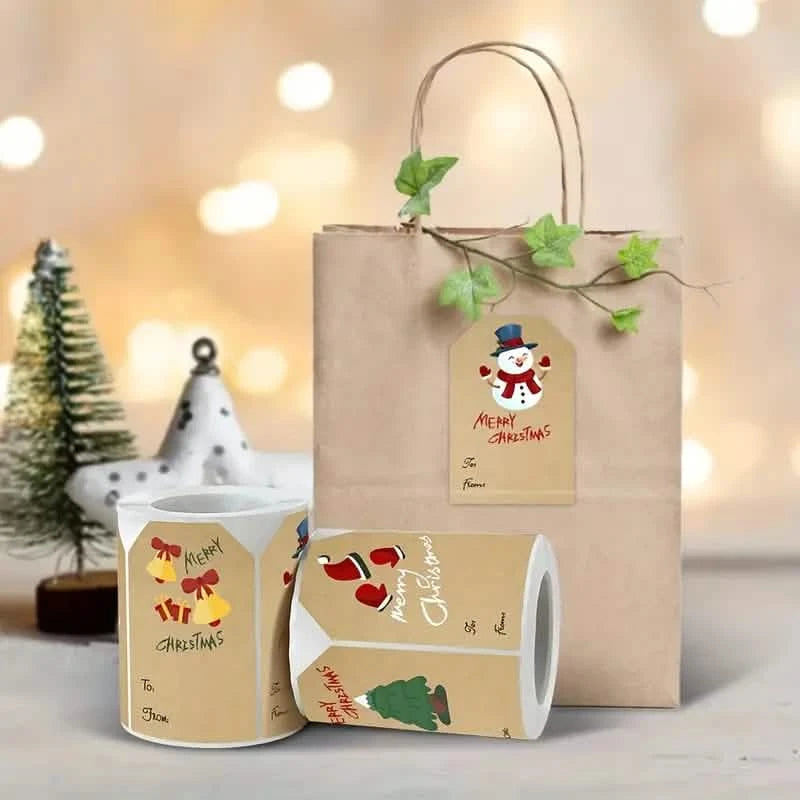 250 Pieces/Roll Christmas Stickers - 2x3 Kraft Paper Tree Socks Snowman Elk Merry Christmas Holiday Decor & Apparel - DailySale