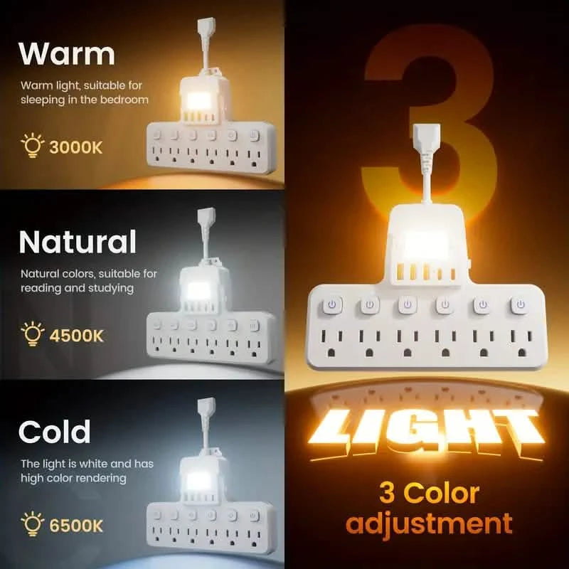 12-in-1 Adjustable Desk Lamp Power Strip – 6 AC Outlets, 3 USB-A & 2 Type-C Ports, Surge Protection