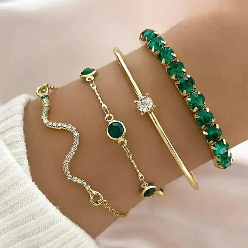4pcs Green Emerald Rhinestone Snake Bracelet Set for Women