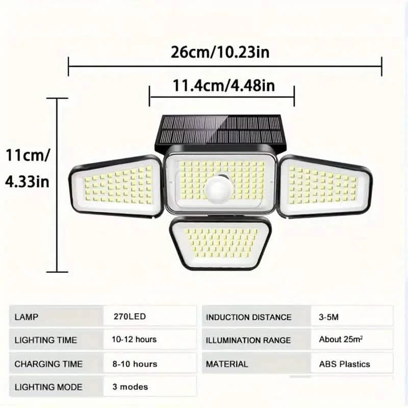 270 LEDs Solar Wall Light With Motion Sensor - 4 Head Lamp, 3 Lighting Modes Wide Angle Security Wireless Flood Light Outdoor Lighting - DailySale