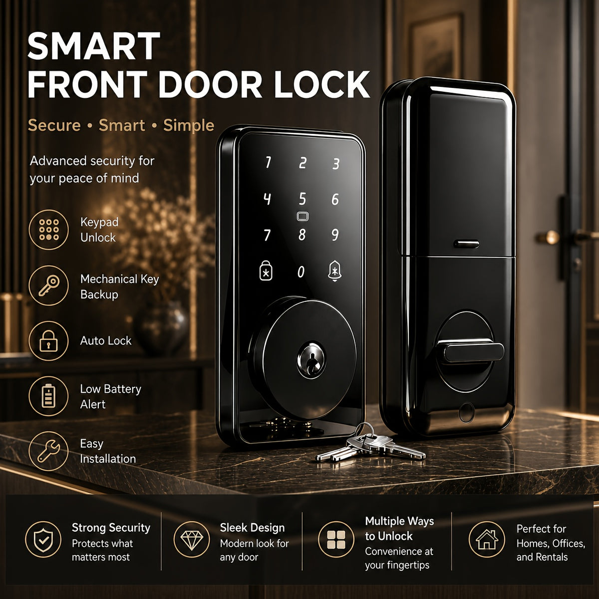 Black keyless entry keypad deadbolt lock, front and back