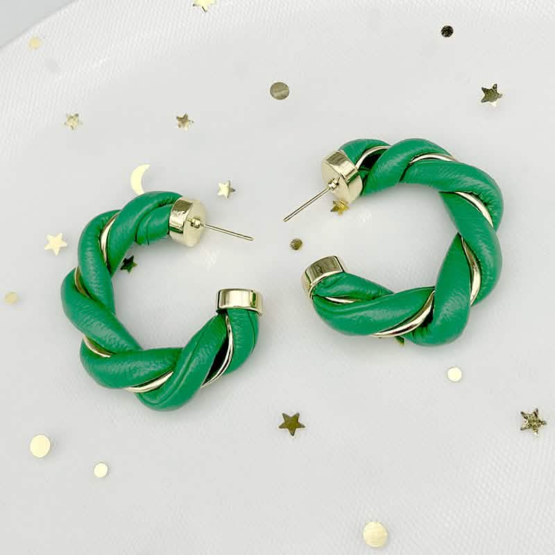 Gold-Plated Twisted Leather Hoop Earrings with Gift Pouch