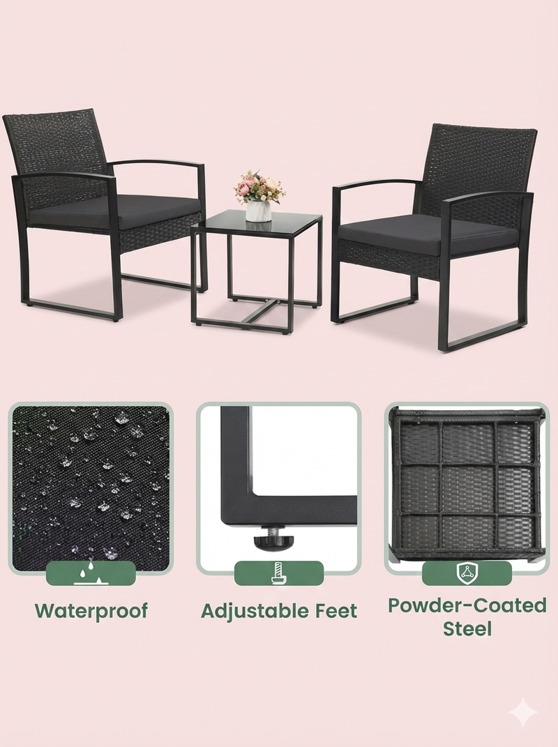 3-Piece Outdoor Patio Furniture Set – Wicker Chairs + Bar Table with Cushions