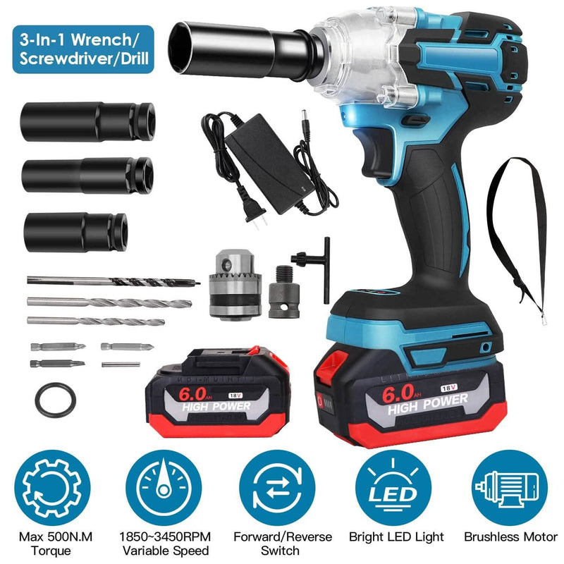 3-In-1 Cordless Electric Impact Wrench Drill Screwdriver with Brushless Motor Max 3450RPM Variable Speed Home Improvement - DailySale
