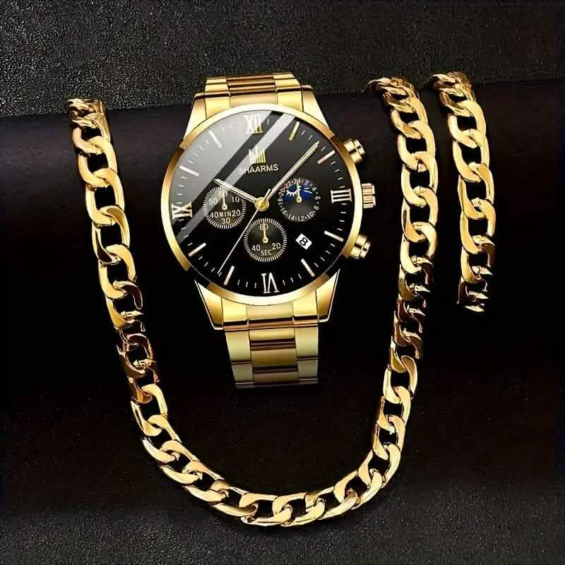 3-Piece: Elegant Men's Quartz Watch Plus Bracelet and Necklace Set Men's Shoes & Accessories - DailySale