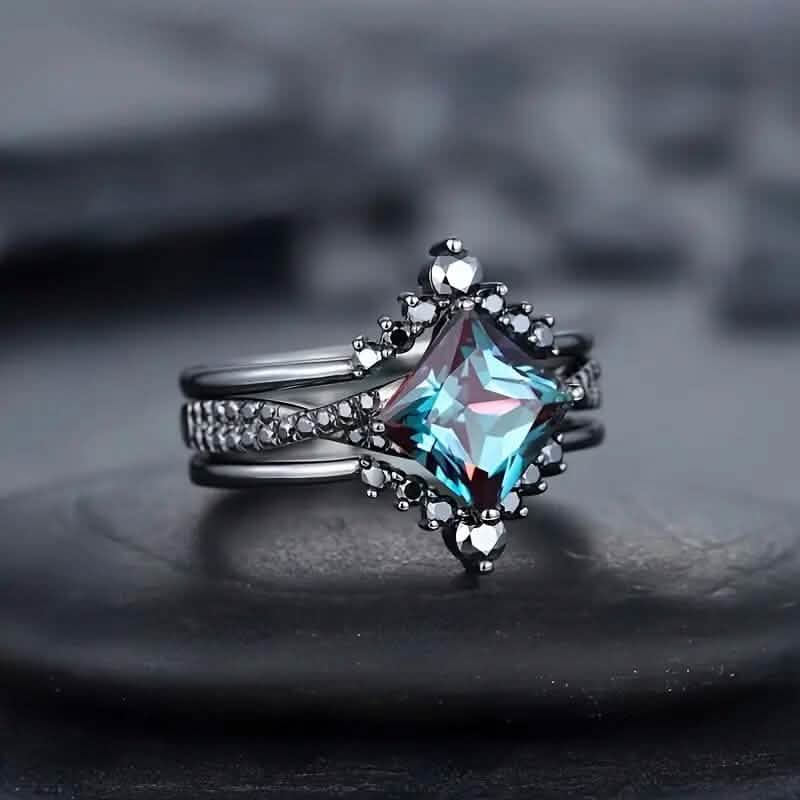 3-Piece Set: Black Square Faux Blue Zirconia Retro Luxury Ring Rings - DailySale