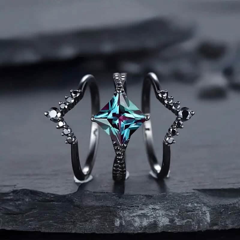 3-Piece Set: Black Square Faux Blue Zirconia Retro Luxury Ring Rings - DailySale