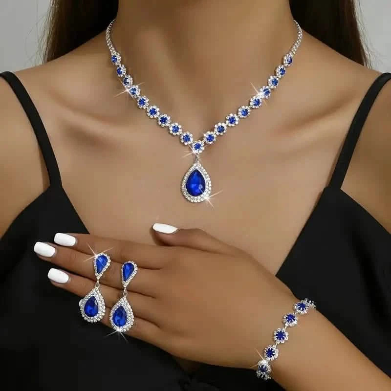 3-Piece Set: Elegant Bridal Jewelry Set - Rhinestone-Encrusted Earrings, Necklace & Bracelet Combo Necklaces Blue - DailySale