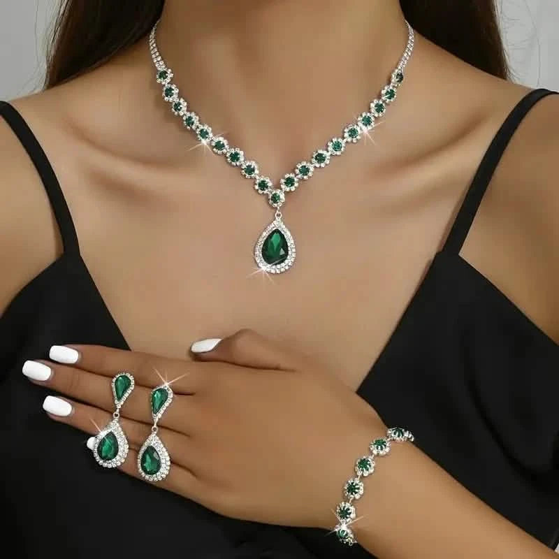 3-Piece Set: Elegant Bridal Jewelry Set - Rhinestone-Encrusted Earrings, Necklace & Bracelet Combo Necklaces Green - DailySale