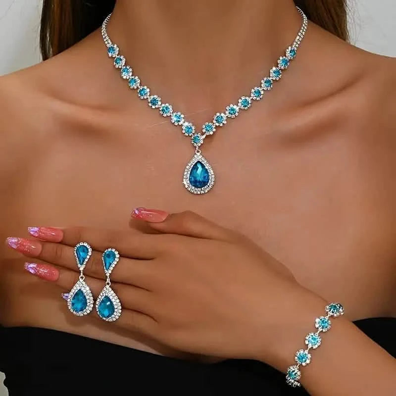 3-Piece Set: Elegant Bridal Jewelry Set - Rhinestone-Encrusted Earrings, Necklace & Bracelet Combo Necklaces Light Blue - DailySale