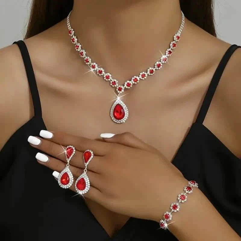 3-Piece Set: Elegant Bridal Jewelry Set - Rhinestone-Encrusted Earrings, Necklace & Bracelet Combo Necklaces Red - DailySale