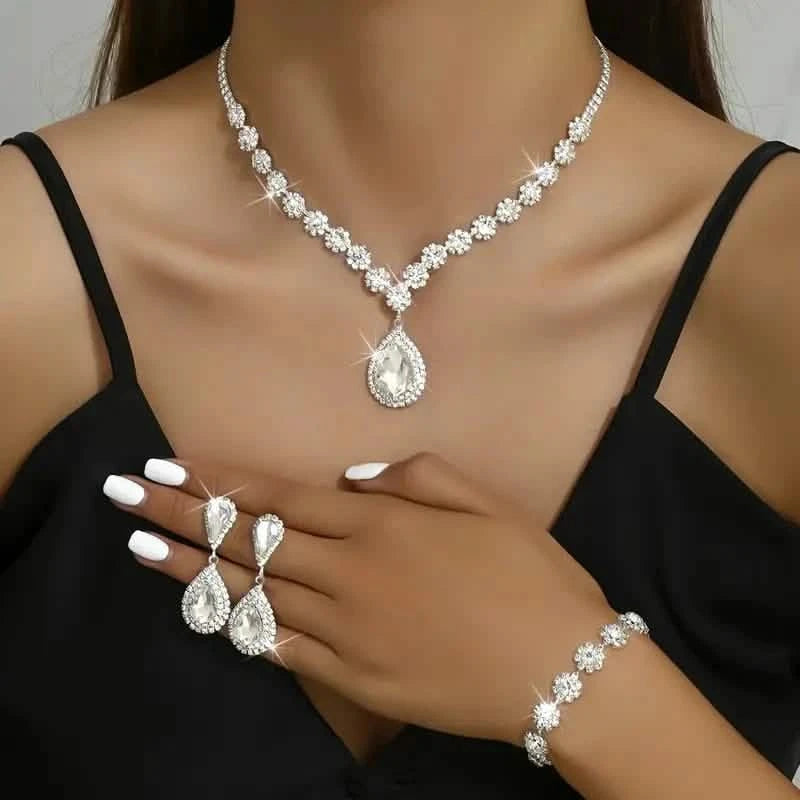 3-Piece Set: Elegant Bridal Jewelry Set - Rhinestone-Encrusted Earrings, Necklace & Bracelet Combo Necklaces White - DailySale