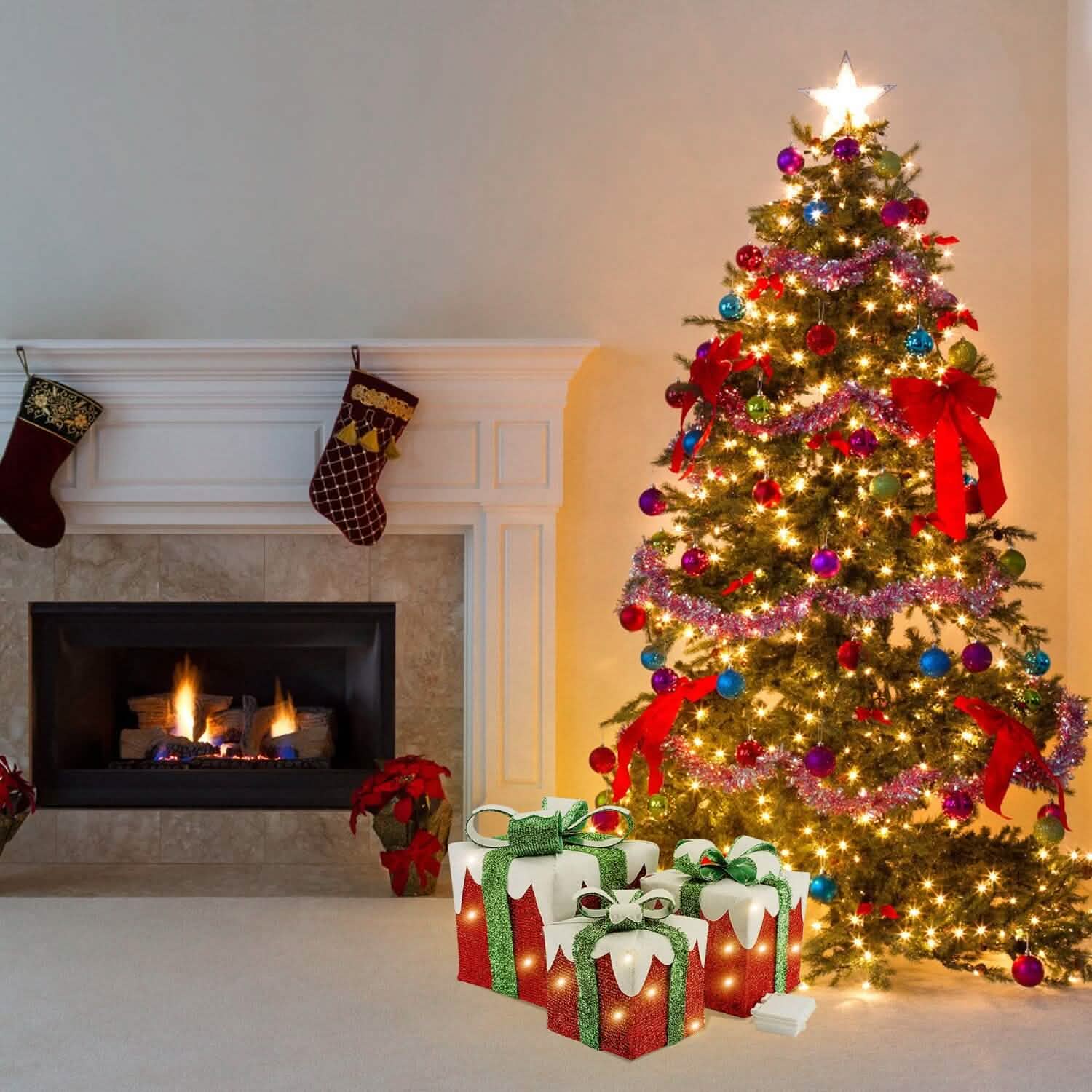 3-Piece Set: Lighted Gift Boxes Christmas Decoration IP44 with 3 Bows Timer 60 LED Holiday Decor & Apparel - DailySale