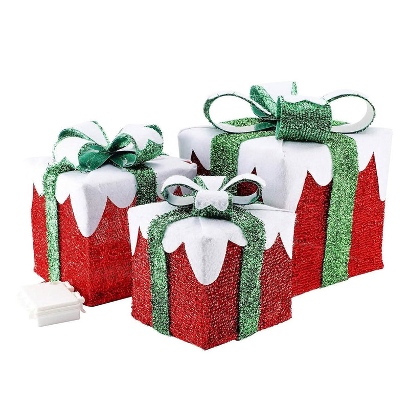 3-Piece Set: Lighted Gift Boxes Christmas Decoration IP44 with 3 Bows Timer 60 LED Holiday Decor & Apparel - DailySale