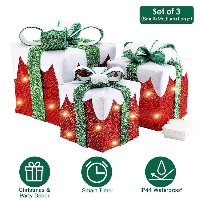 3-Piece Set: Lighted Gift Boxes Christmas Decoration IP44 with 3 Bows Timer 60 LED Holiday Decor & Apparel - DailySale