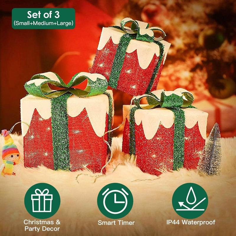 3-Piece Set: Lighted Gift Boxes Christmas Decoration IP44 with 3 Bows Timer 60 LED Holiday Decor & Apparel - DailySale