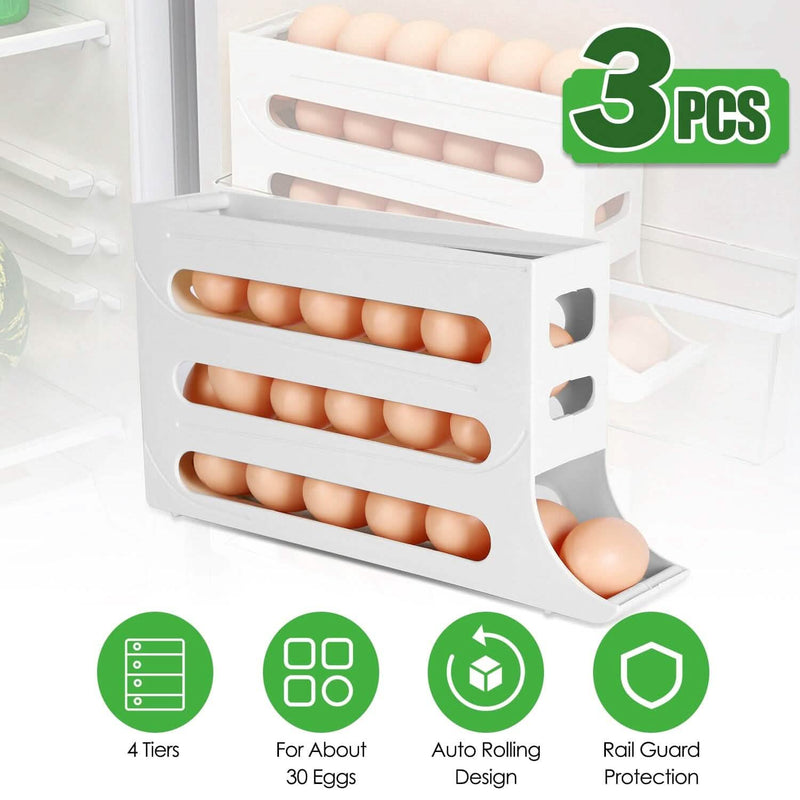 3-Pieces: 4-Tiers Egg Holder Auto Rolling Fridge Egg Organizer Kitchen Storage - DailySale