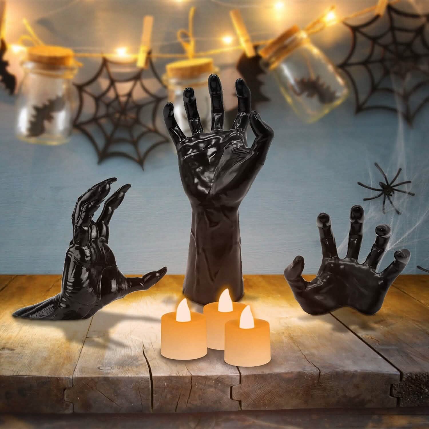 3-Pieces: Creepy Reaching Hands with Lighted Candles Wall Mounted Holiday Decor & Apparel - DailySale