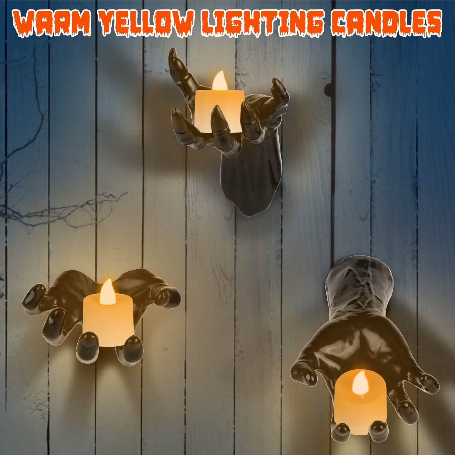 3-Pieces: Creepy Reaching Hands with Lighted Candles Wall Mounted Holiday Decor & Apparel - DailySale