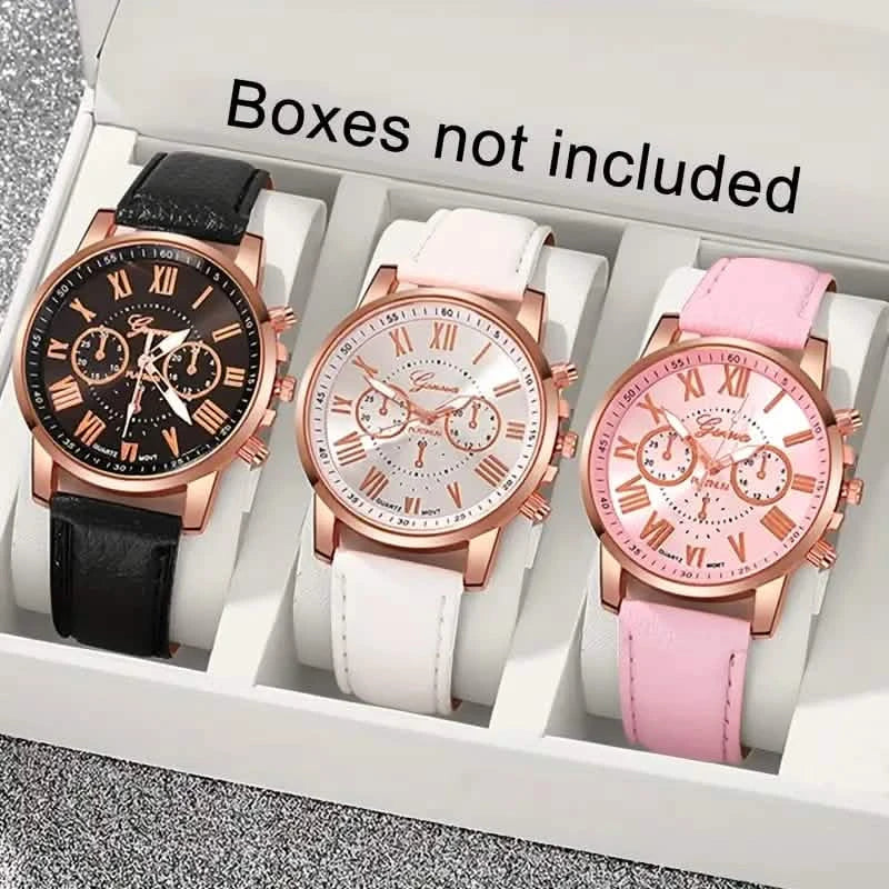3-Pieces: Roman Quartz Women's Watches - Fashionable Round Dial with Faux Leather Strap Women's Shoes & Accessories - DailySale