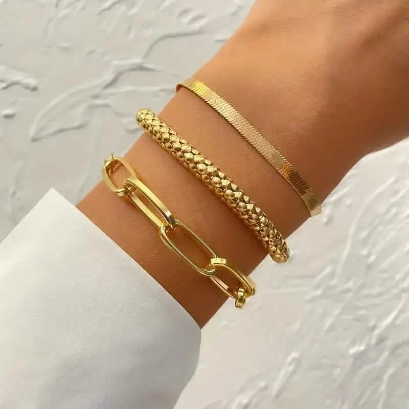 3-Pieces Set: Vintage Golden Color Snake Bone Chain Multilayer Bracelet Bracelets - DailySale