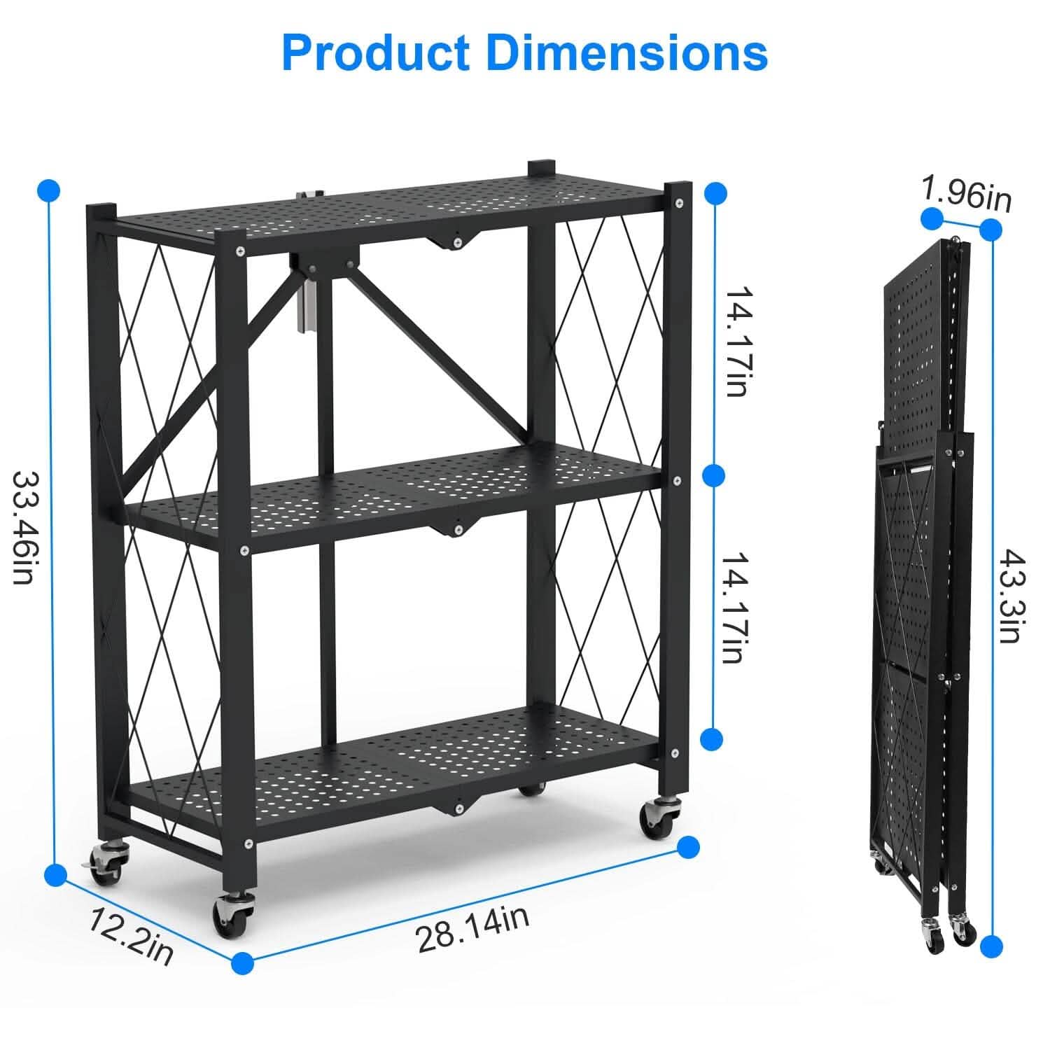 3-Tier Foldable Storage Shelf with Lockable Wheels No Assembly Kitchen Storage - DailySale