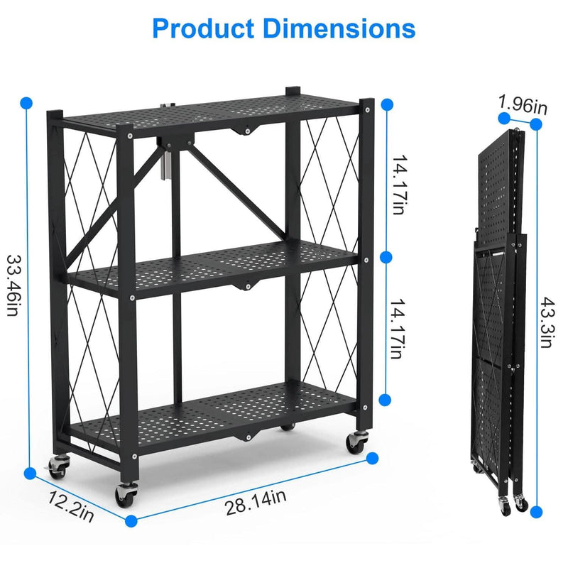 3-Tier Foldable Storage Shelf with Lockable Wheels No Assembly Kitchen Storage - DailySale