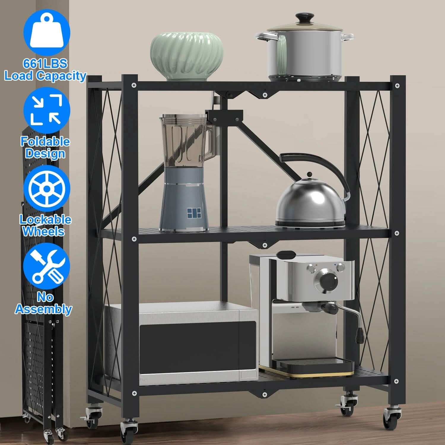 3-Tier Foldable Storage Shelf with Lockable Wheels No Assembly Kitchen Storage - DailySale