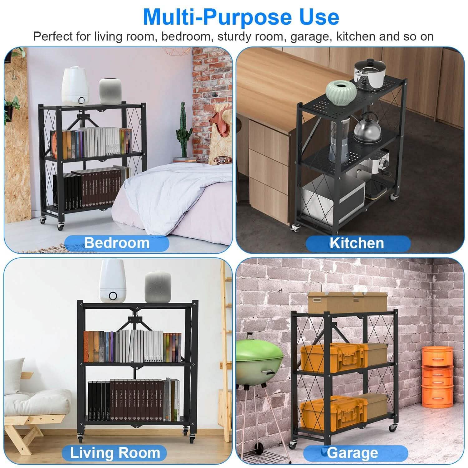 3-Tier Foldable Storage Shelf with Lockable Wheels No Assembly Kitchen Storage - DailySale