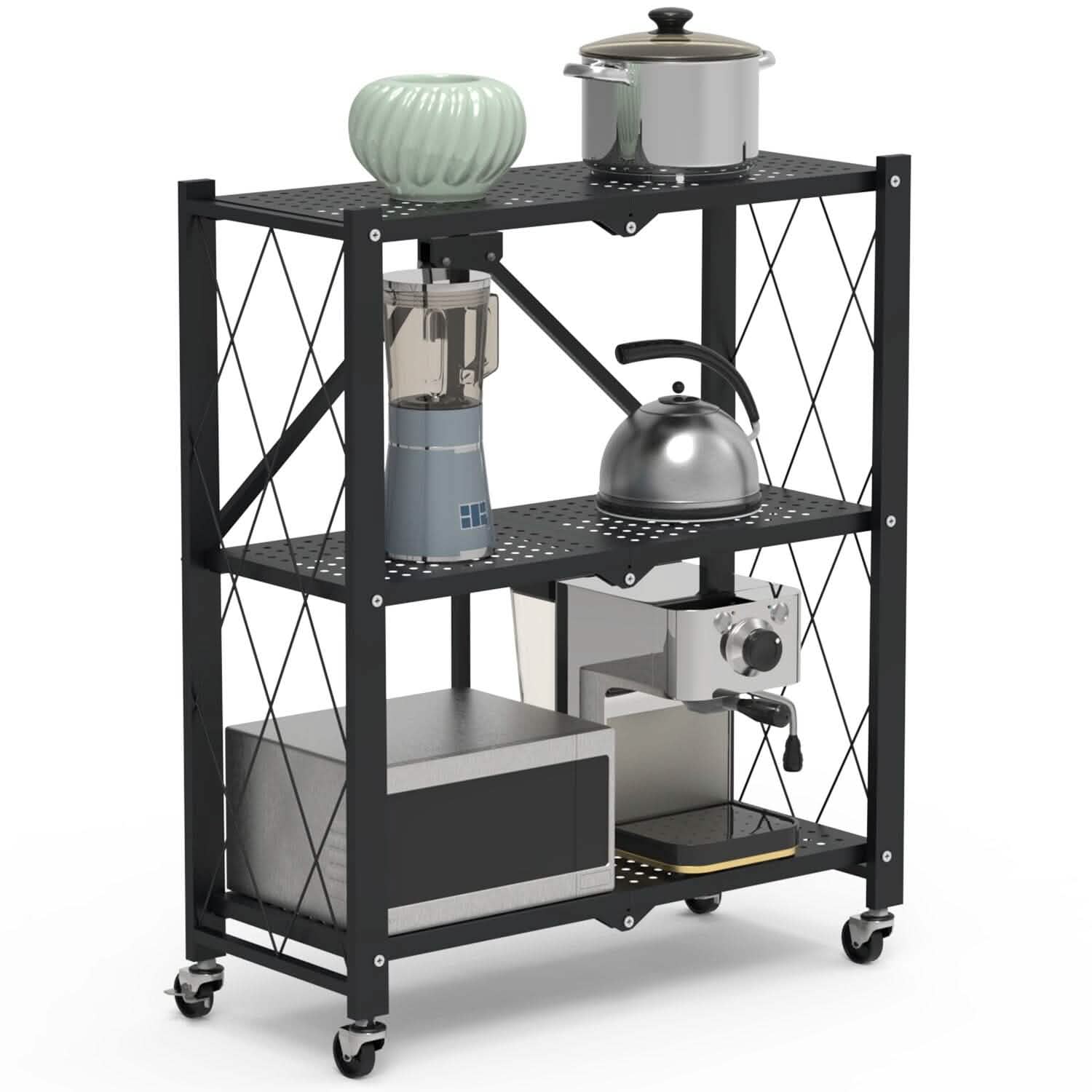 3-Tier Foldable Storage Shelf with Lockable Wheels No Assembly Kitchen Storage - DailySale