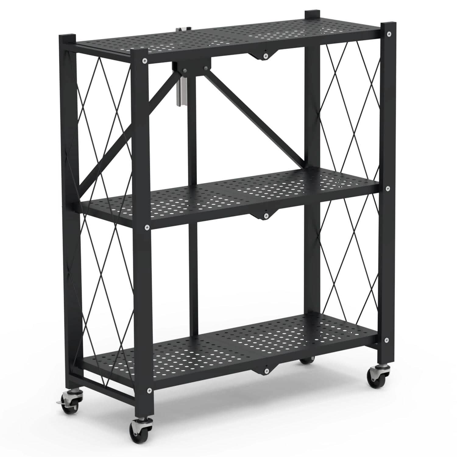 3-Tier Foldable Storage Shelf with Lockable Wheels No Assembly Kitchen Storage - DailySale