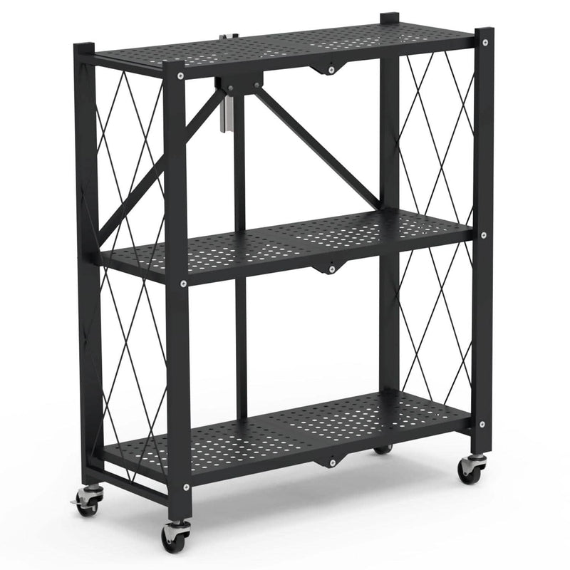 3-Tier Foldable Storage Shelf with Lockable Wheels No Assembly Kitchen Storage - DailySale