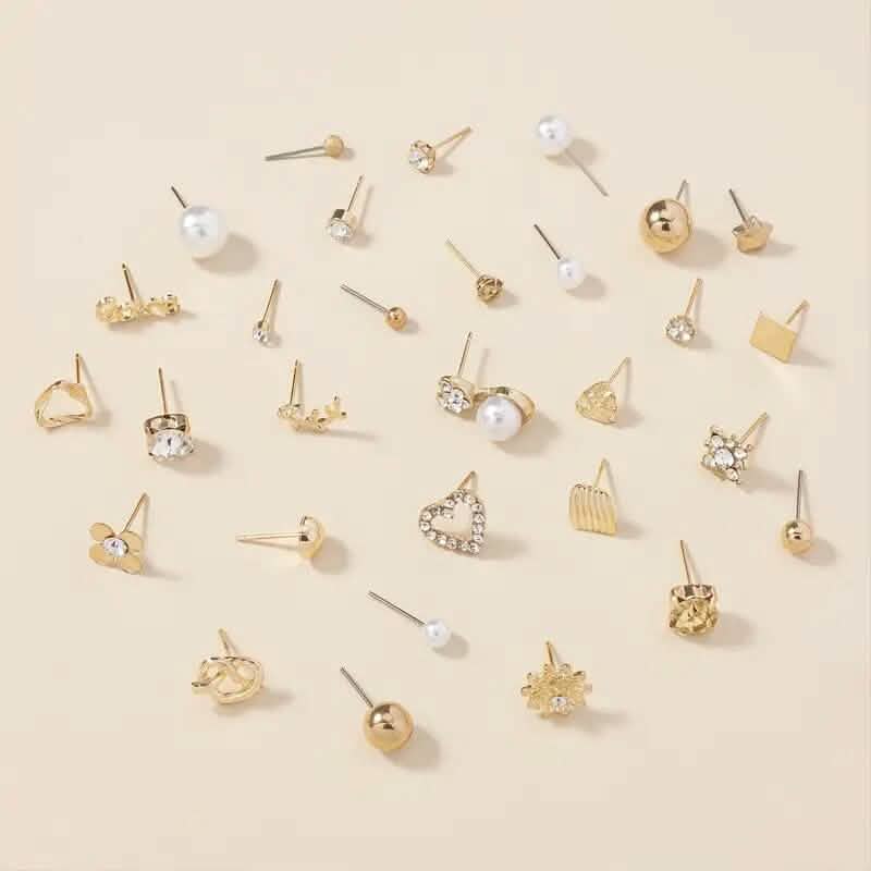 30-Pairs: Alloy Full Rhinestones Love Round Faux Pearl Letter Stud Earrings Set Earrings - DailySale