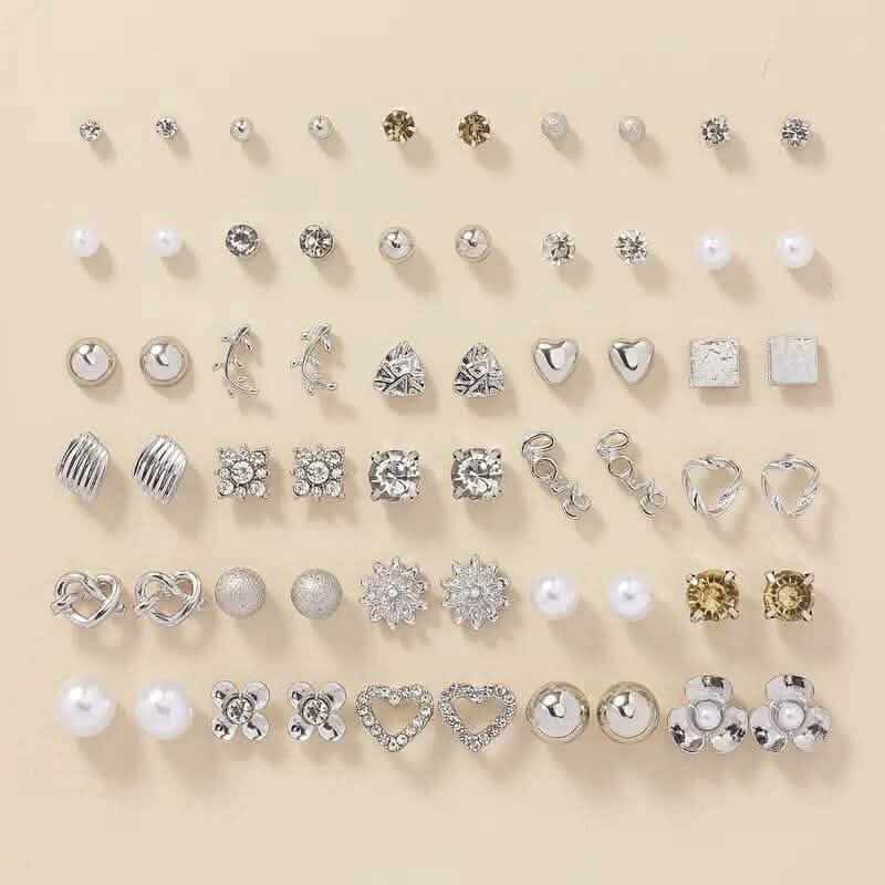 30-Pairs: Alloy Full Rhinestones Love Round Faux Pearl Letter Stud Earrings Set Earrings - DailySale